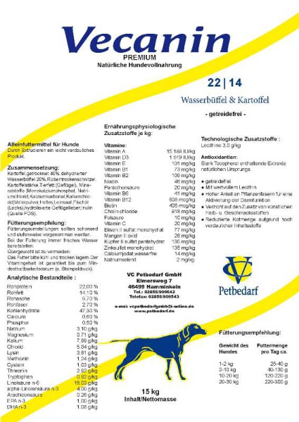Vecanin Premium Hypoallergen Wasserbüffel & Kartoffel 22/12 - 14 kg